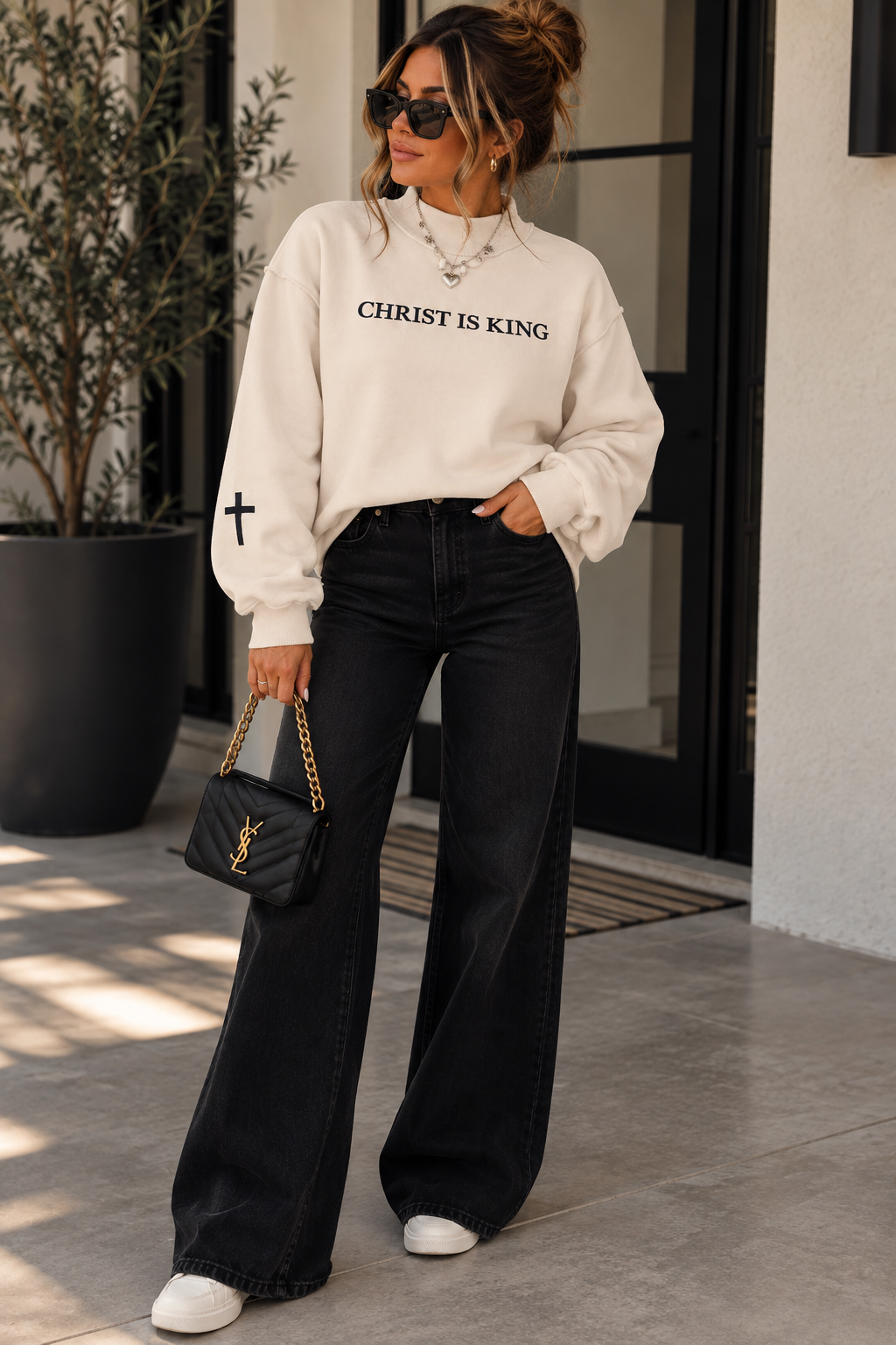 CHRIST IS KING Embroidery High Neck Baggy Sweatshirt